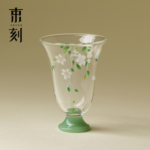 束刻 小清新梨花铃铛主人杯精致高硼硅玻璃茶杯品茗杯喝茶闻香杯
