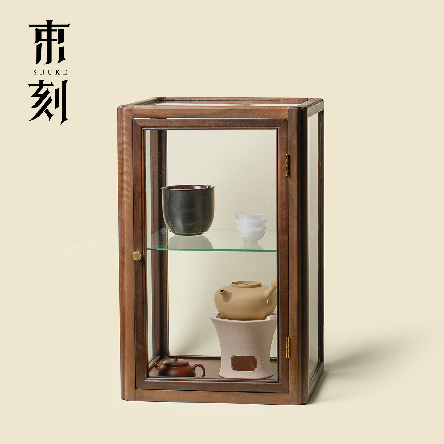 束刻 高档核桃木实木双层玻璃收纳柜茶具置物柜陈列柜桌面展示柜