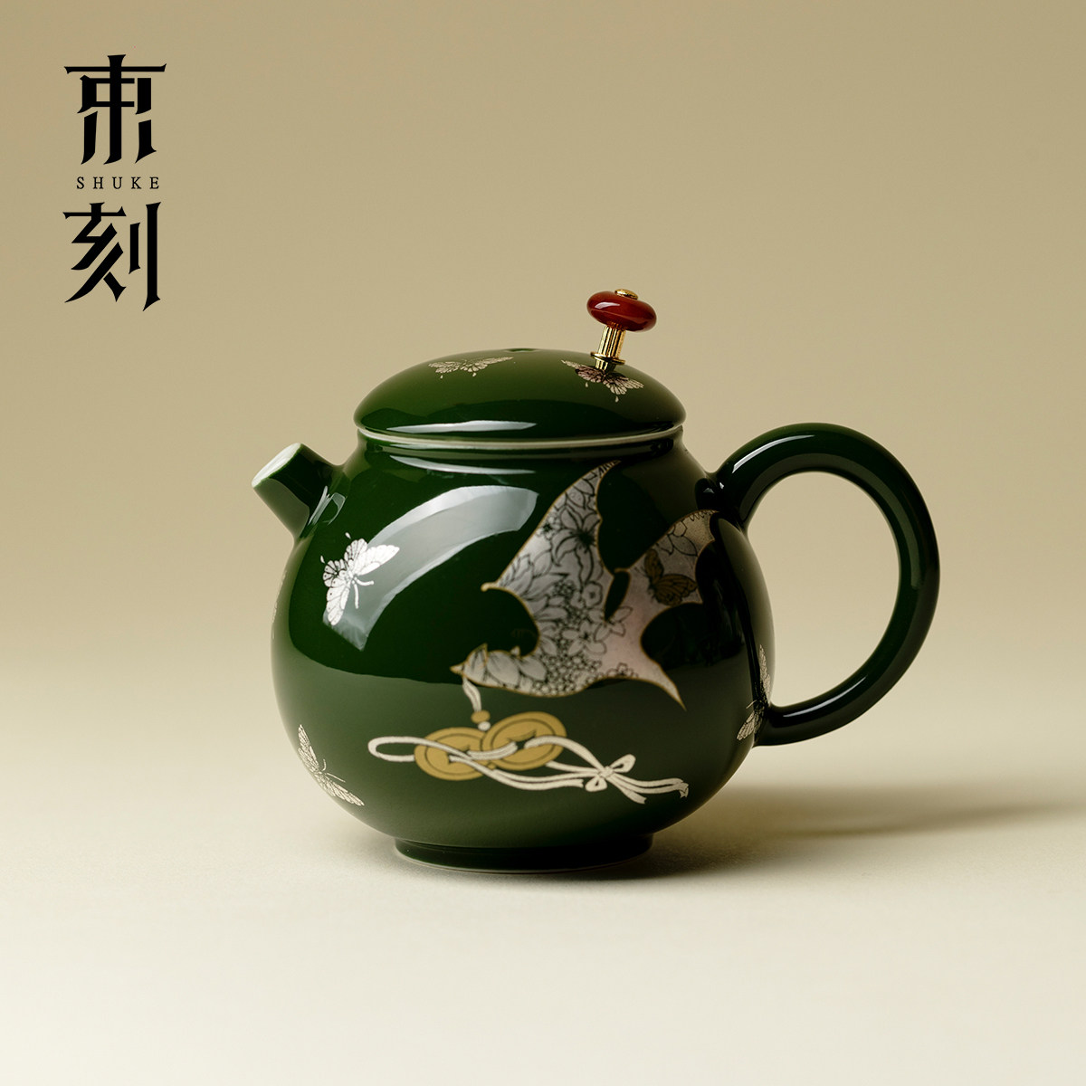 束刻 高端墨绿银彩蝠聚珍蝶龙蛋壶新中式国潮手工陶瓷泡茶器茶具