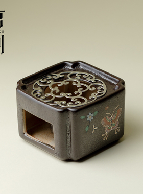 束刻日式黑志野烧粗陶温茶炉底座粉彩蝴蝶酒精炉围炉煮茶煮茶炉