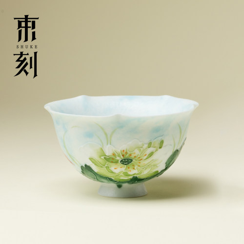 束刻纯手绘莲花映波蓝花口茶杯精致主人杯清新风个人专用杯品茗杯