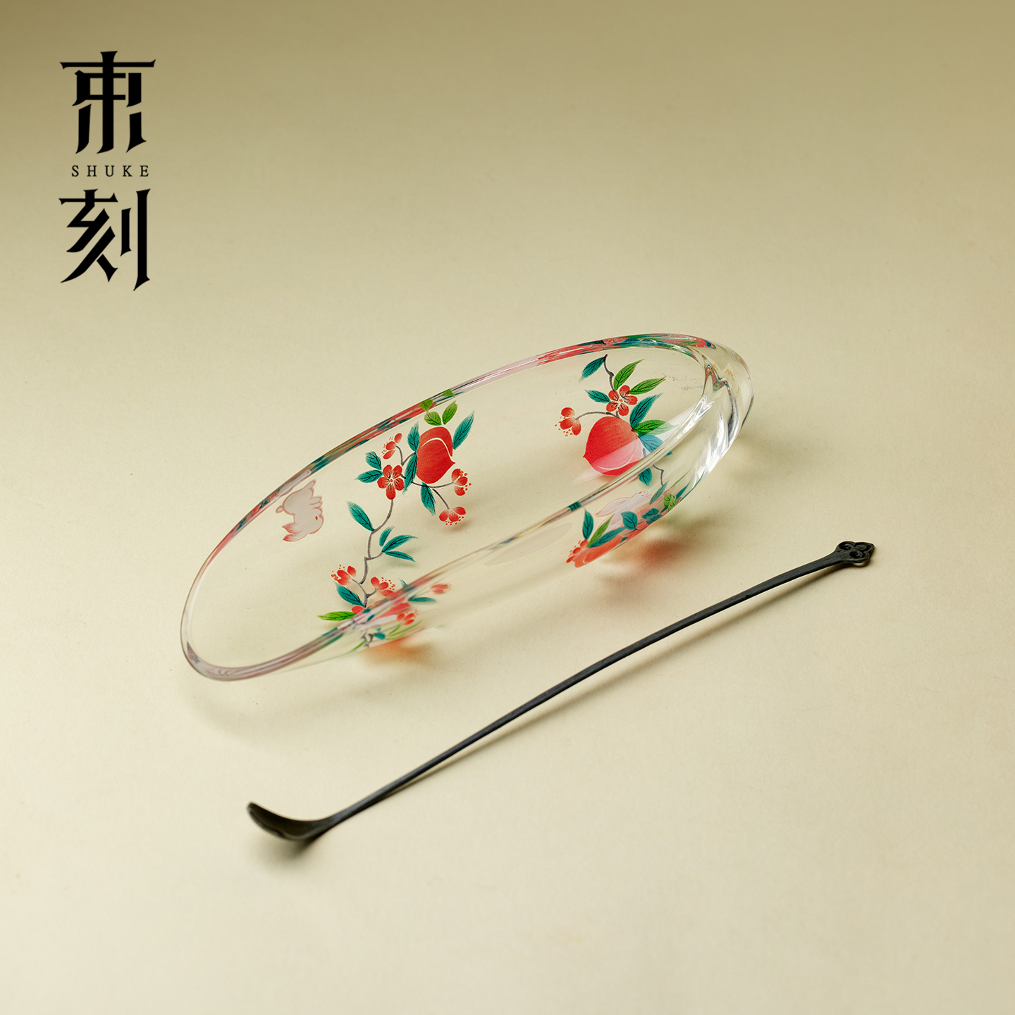 束刻 玉兔桃夭耐热玻璃茶则茶拨两件套茶室高档赏茶器投茶分茶器