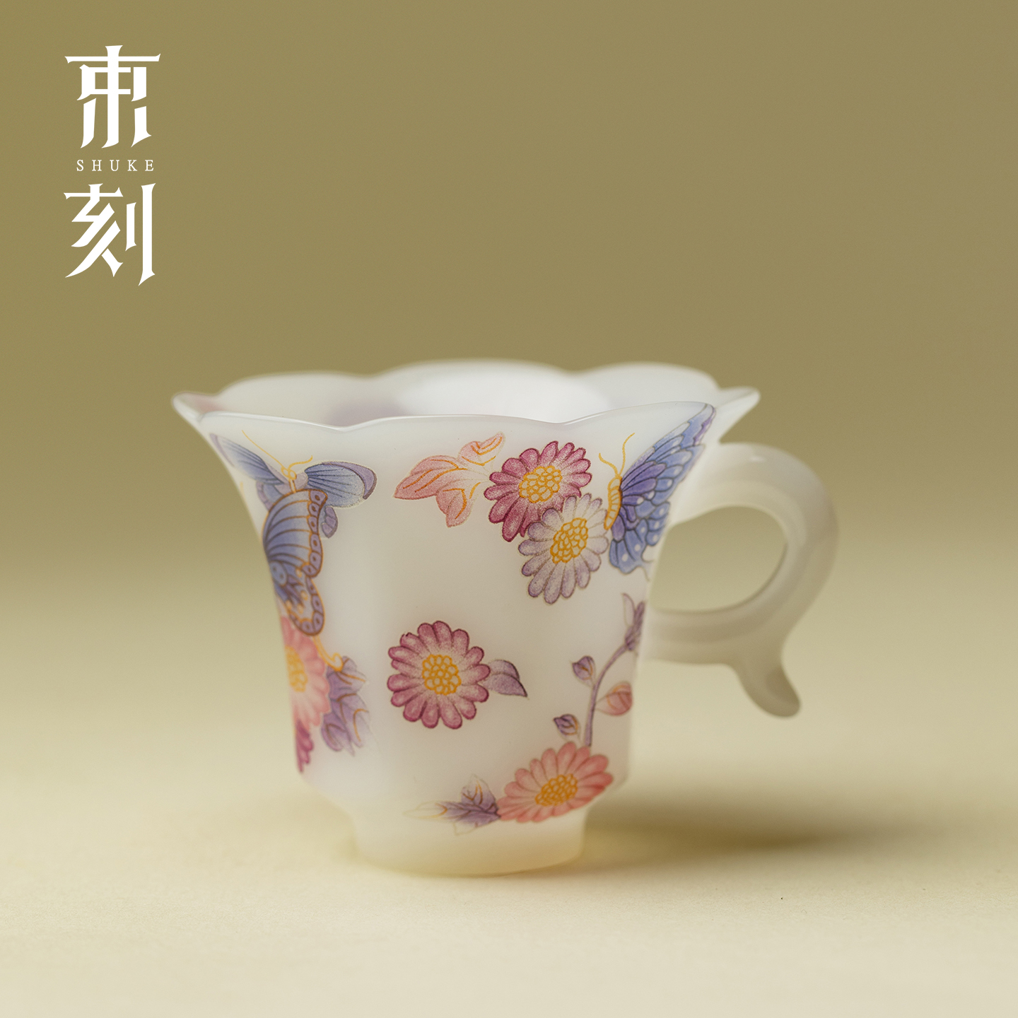 束刻 蝶戏繁花冰种玉瓷挂耳小茶杯高档璞玉品茗杯功夫茶具闻香杯