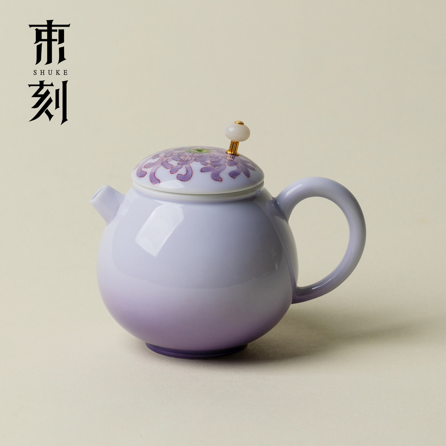 束刻幽紫逸菊粉彩手绘茶壶景德镇高端陶瓷渐变紫高颜值泡茶壶茶器