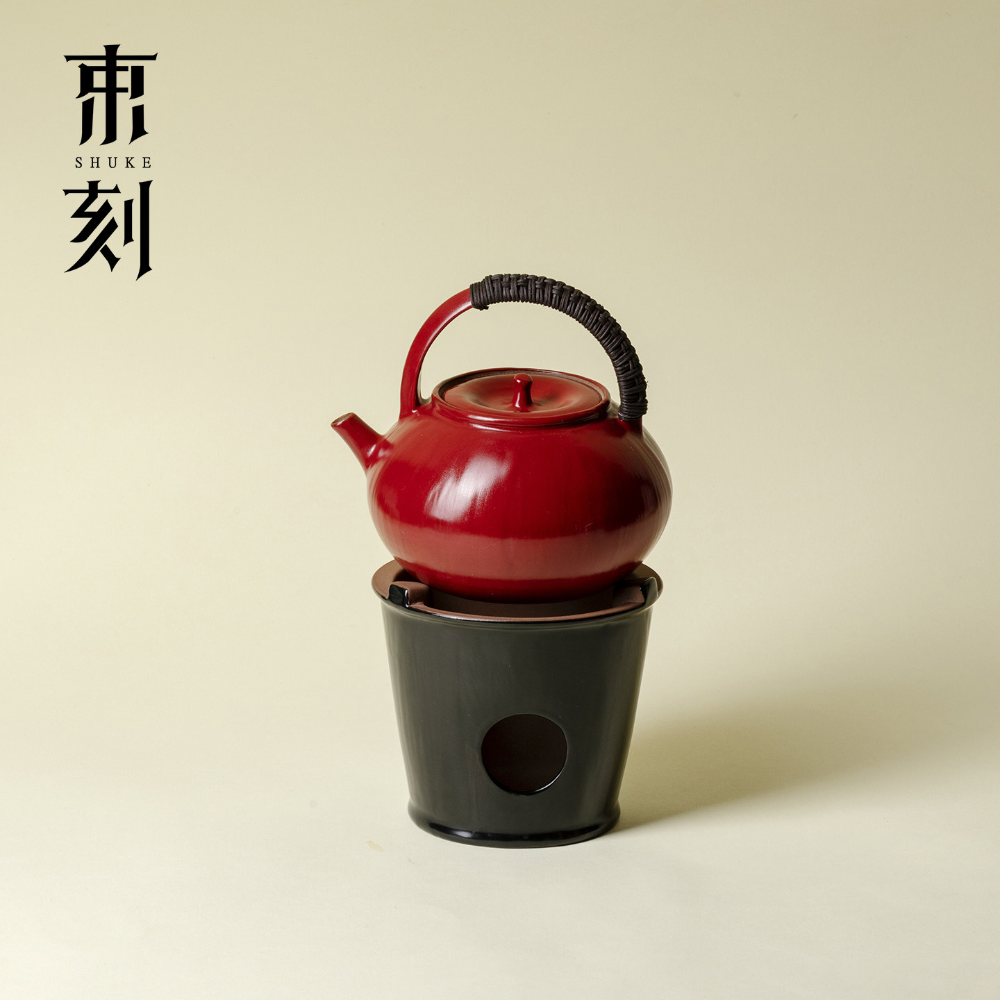 束刻 大漆红藤编提梁茶壶酒精灯小风炉创意整套中式高级烧水茶壶