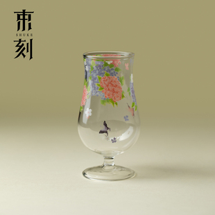 束刻锦簇绣球花玻璃高足杯茶杯手工高硼硅主人杯女士小清新果汁杯
