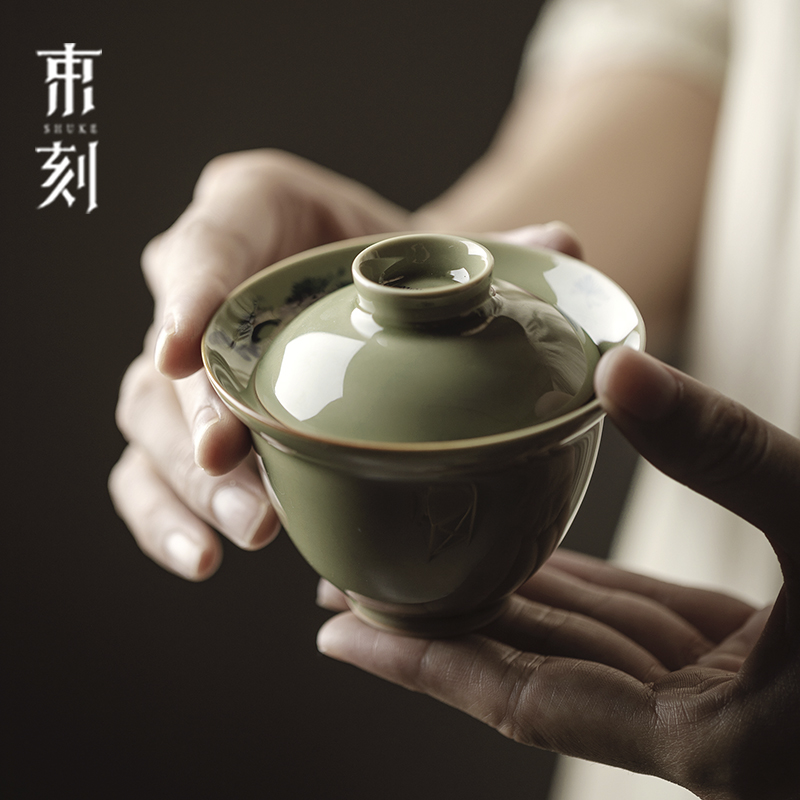 二盖碗越窑青瓷泡茶碗薄胎不烫手