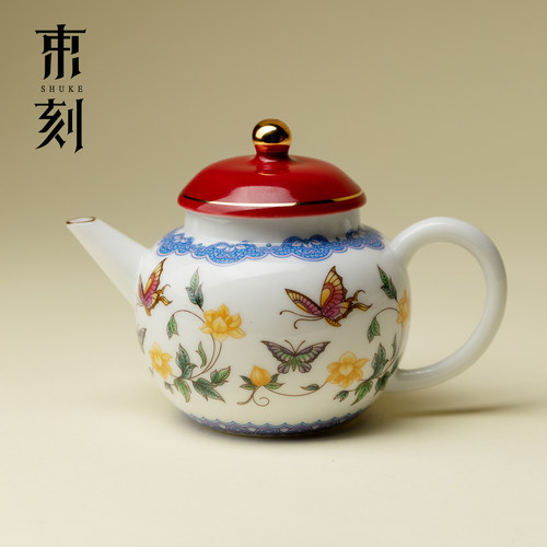 束刻 金缘蝶绘陶瓷小茶壶高端描金功夫茶具中式家用泡茶壶小单壶