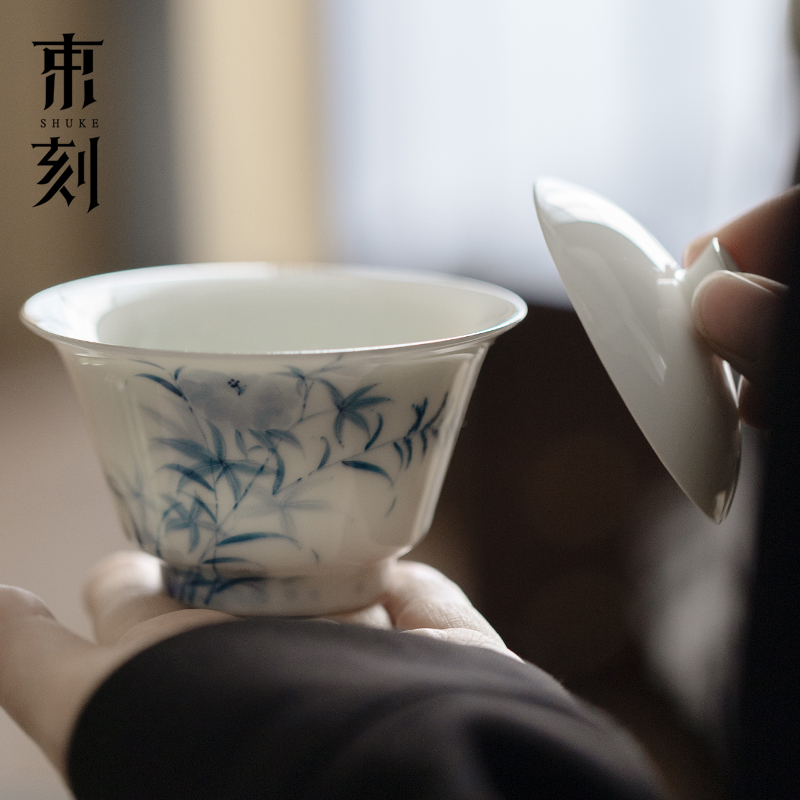 二才盖碗纯手绘竹韵陶瓷泡茶碗