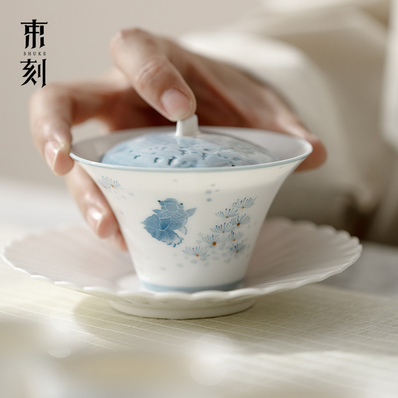 束刻 白瓷玉泥手绘临渊羡鱼三才盖碗陶瓷釉下彩泡茶碗喝茶敬茶碗