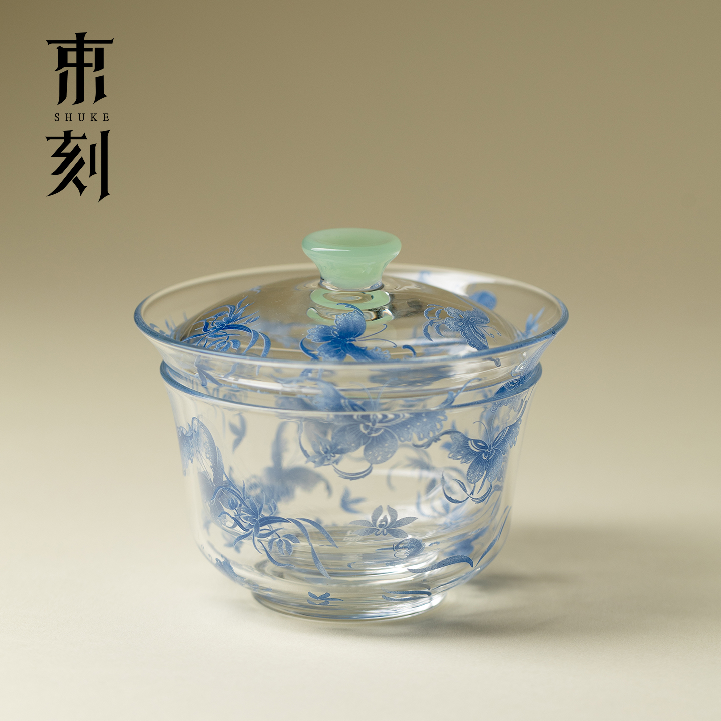 束刻精致蝶梦玻璃盖碗茶杯旅行功夫茶具便携一壶一杯快客杯一人饮