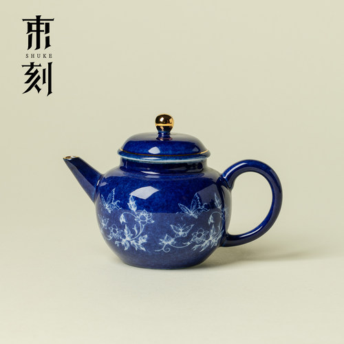 束刻 新中式洒蓝剔白蝶栖小茶壶陶瓷家用泡茶壶精致喝茶壶手执壶
