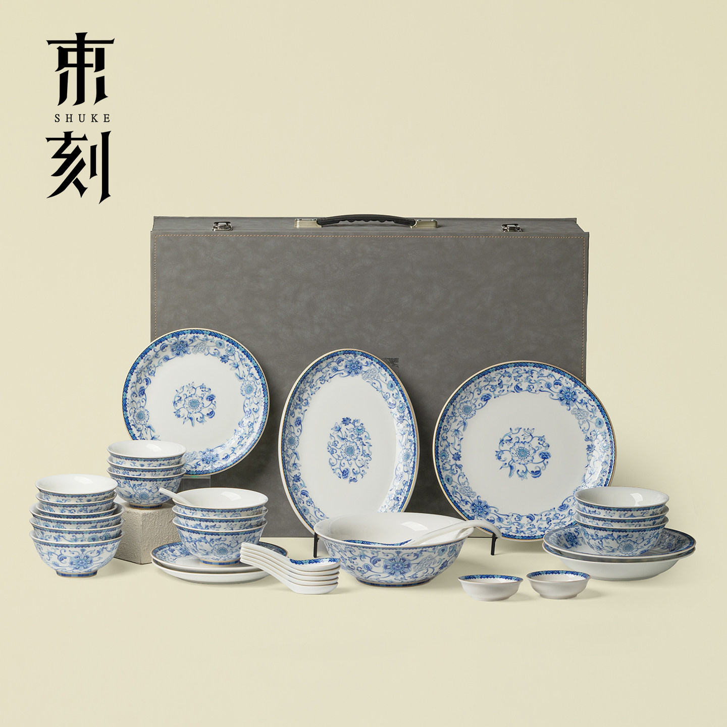 束刻景德镇羊脂玉青花餐具套装10人食餐碟盘中式餐具高档乔迁送礼