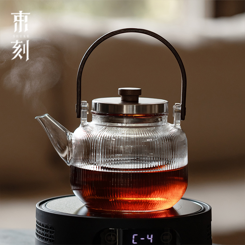 束刻 新中式煮茶壶高硼硅玻璃竖纹提梁壶大容量胡桃木提把烧水壶