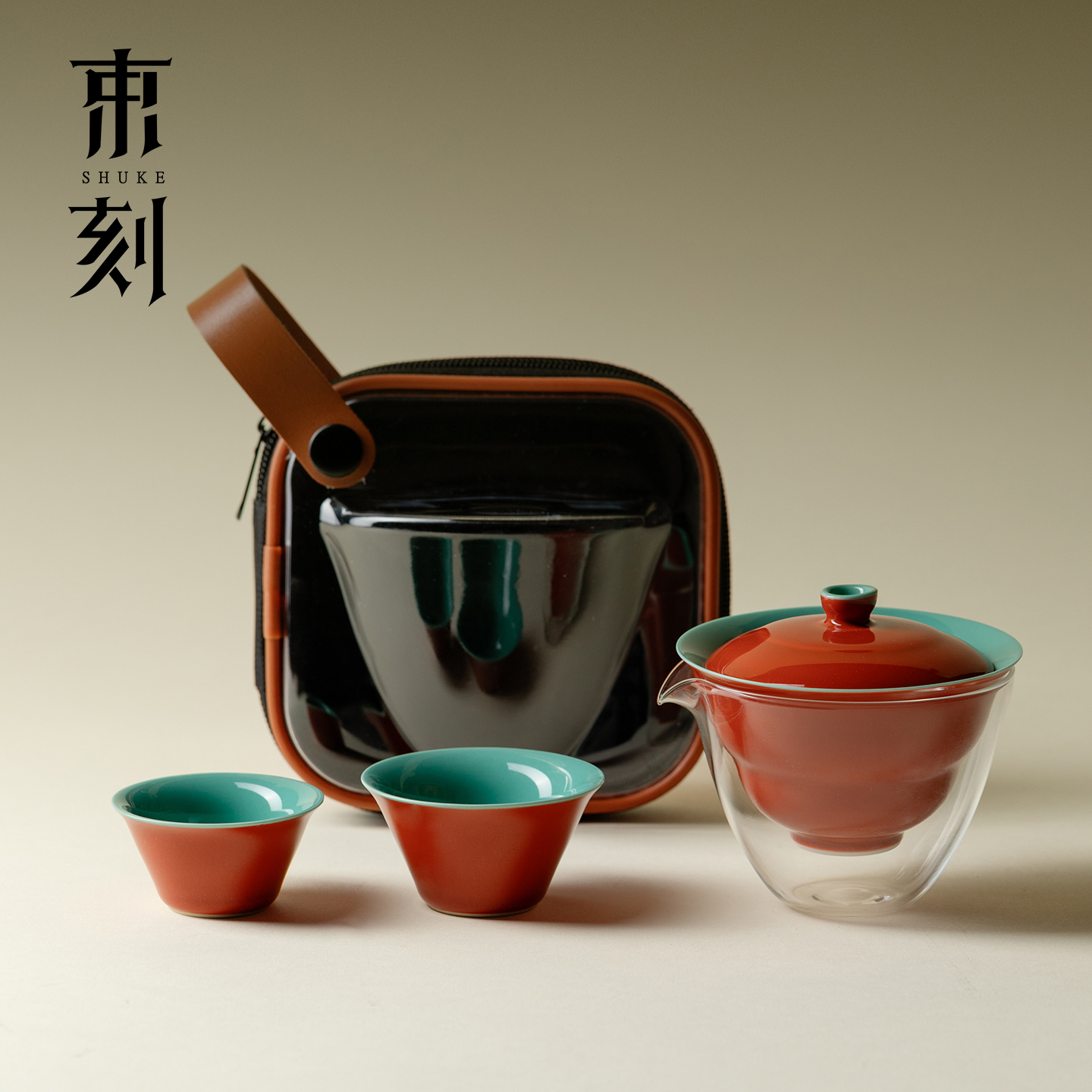 束刻故宫红斗笠盖碗旅行功夫茶具高级感一壶两杯便携式快客杯套装