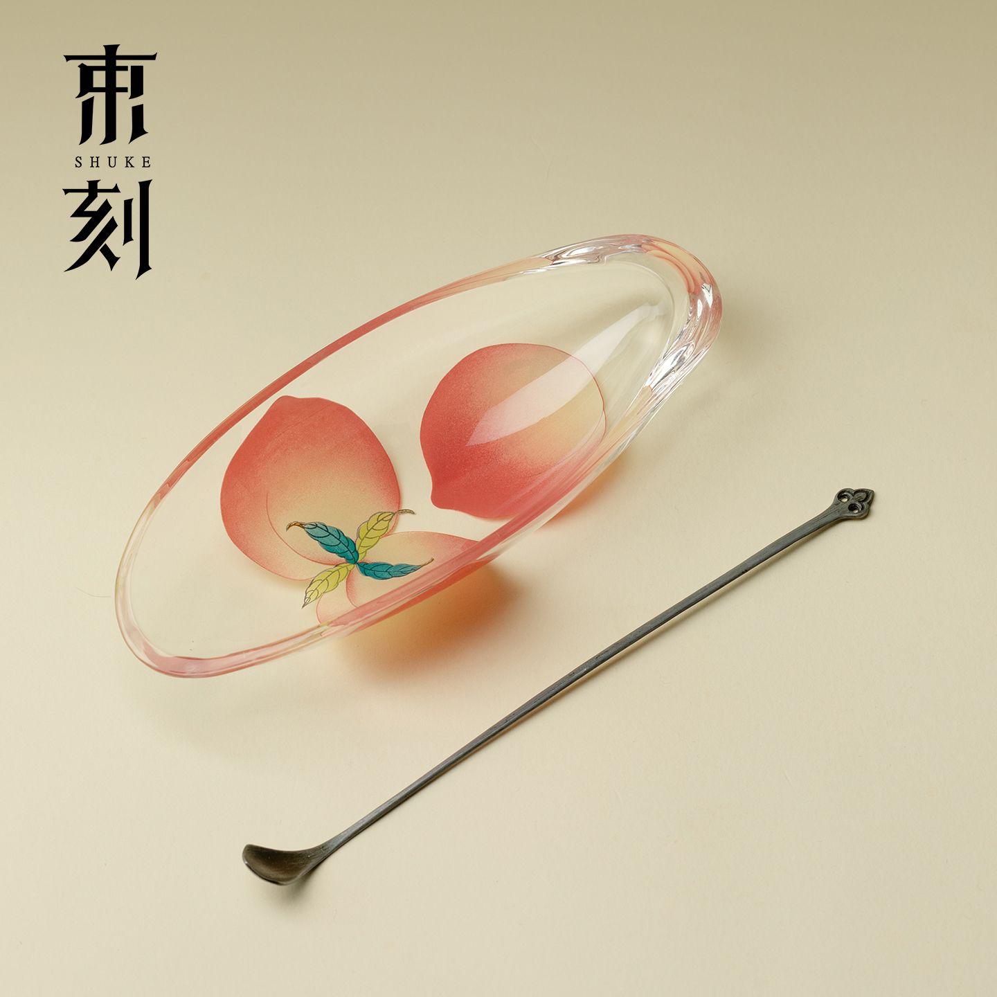 粉彩春桃玻璃茶则茶拨两件套