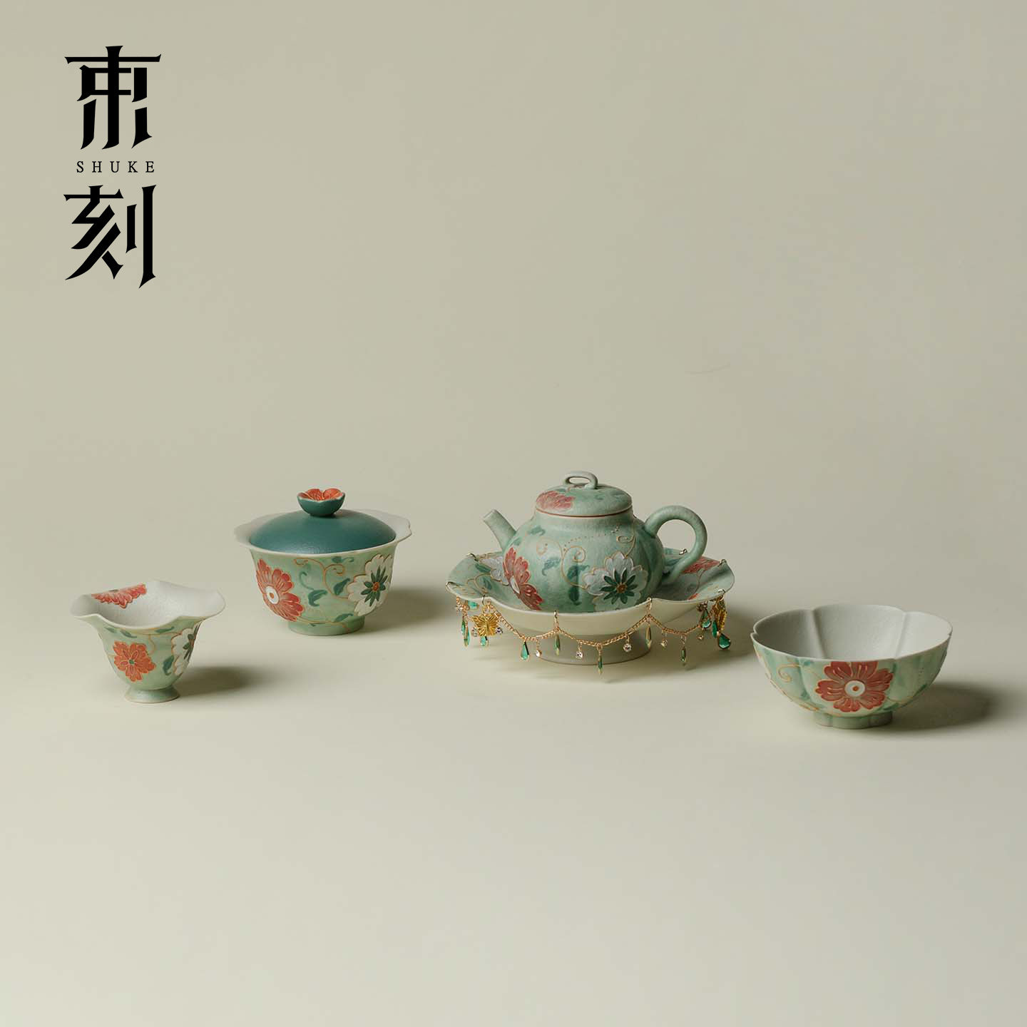束刻 釉下彩手绘碧野绯花功夫茶具禅意家用茶壶茶杯盖碗精美茶器
