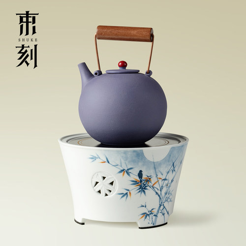 束刻紫罗兰提梁壶电陶炉套装手绘竹韵静音电磁炉家用煮茶泡茶全套