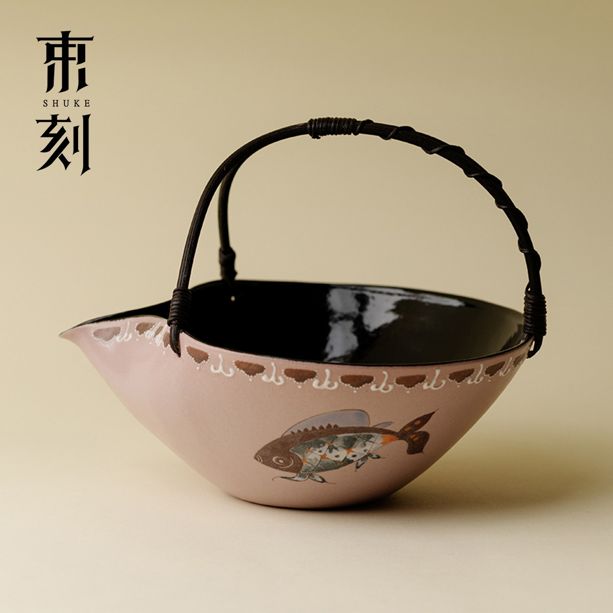束刻日式藤编提梁公道杯陶艺手绘茶海分茶器功夫茶具防烫手提公杯