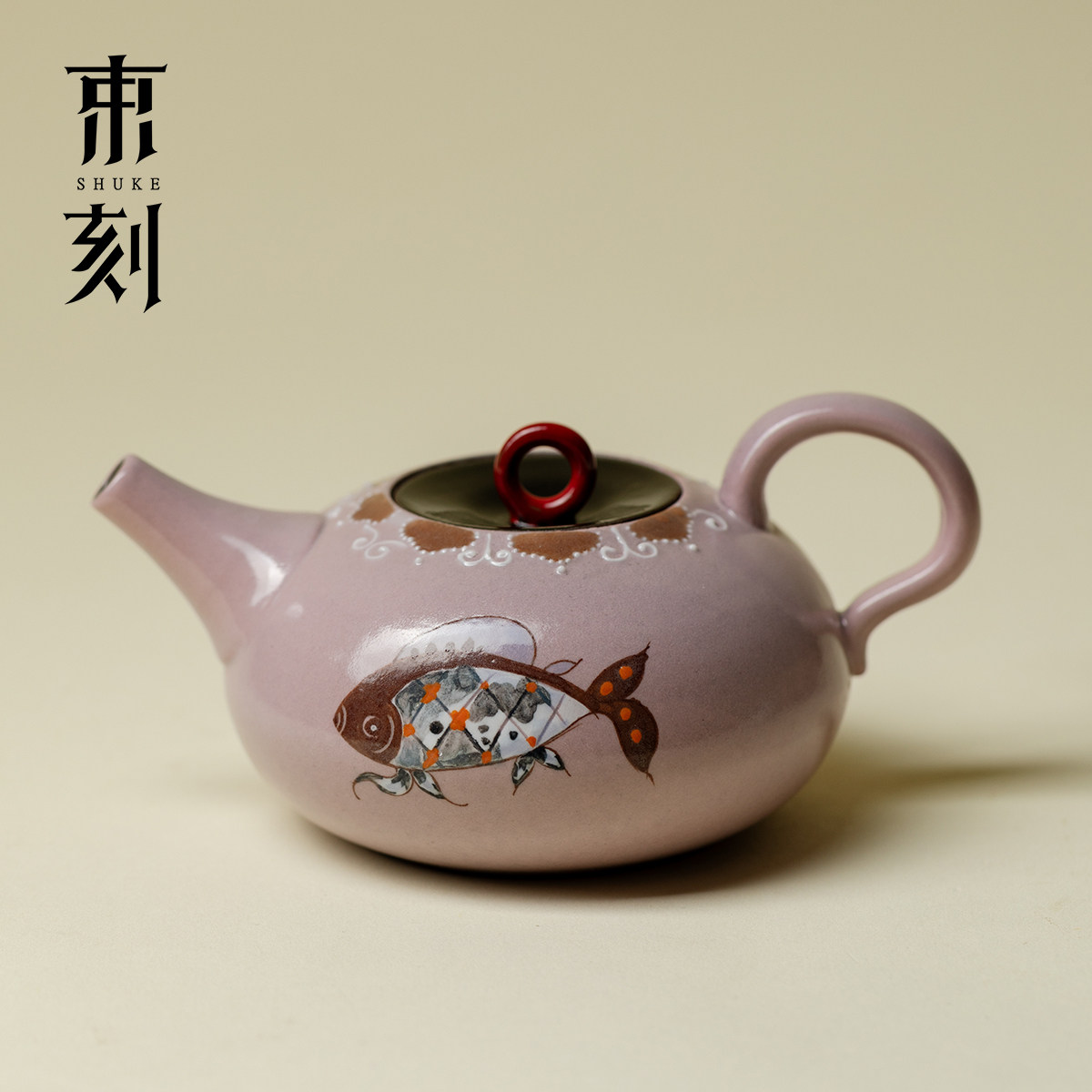 束刻 高档粉彩陶瓷茶壶执壶手绘小鱼茶具泡茶壶一人用泡茶壶单个