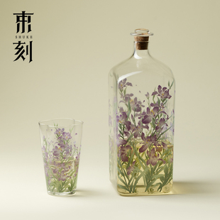 束刻小清新鸢尾花四方玻璃热泡瓶冷萃瓶高档随手果酒瓶密封瓶酒壶