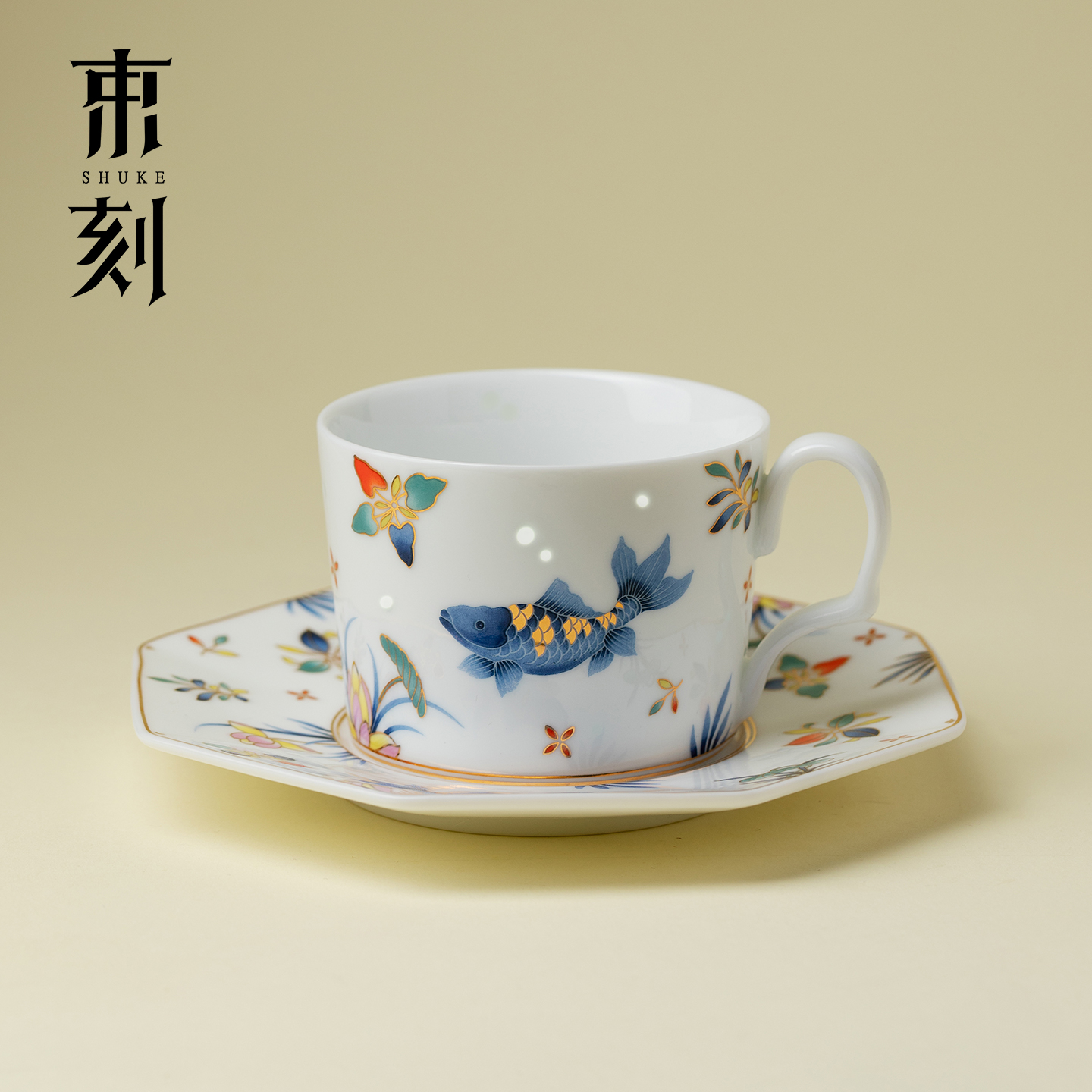 束刻 粉彩游鱼玲珑瓷咖啡杯碟高端优雅牛奶杯高颜值家用牛奶水杯
