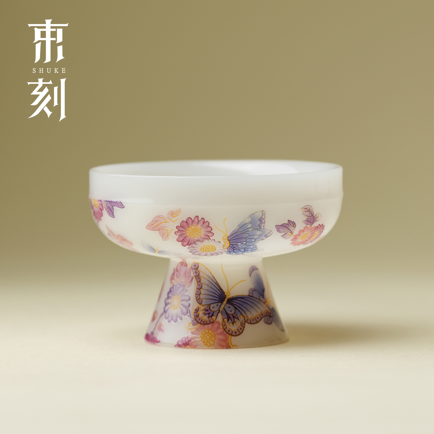 束刻 蝶戏繁花冰种玉瓷高足主人杯中国白璞玉功夫茶杯高档个人杯
