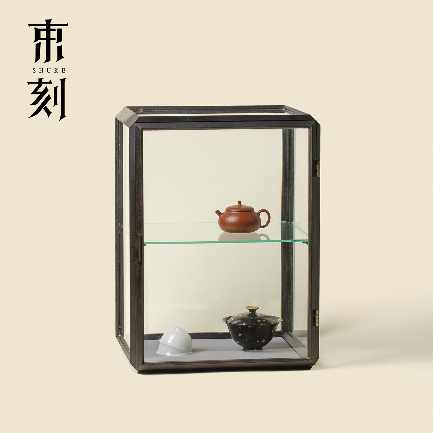 束刻 胡桃木实木高硼硅玻璃展示柜实木茶具双层陈列收纳柜展示柜