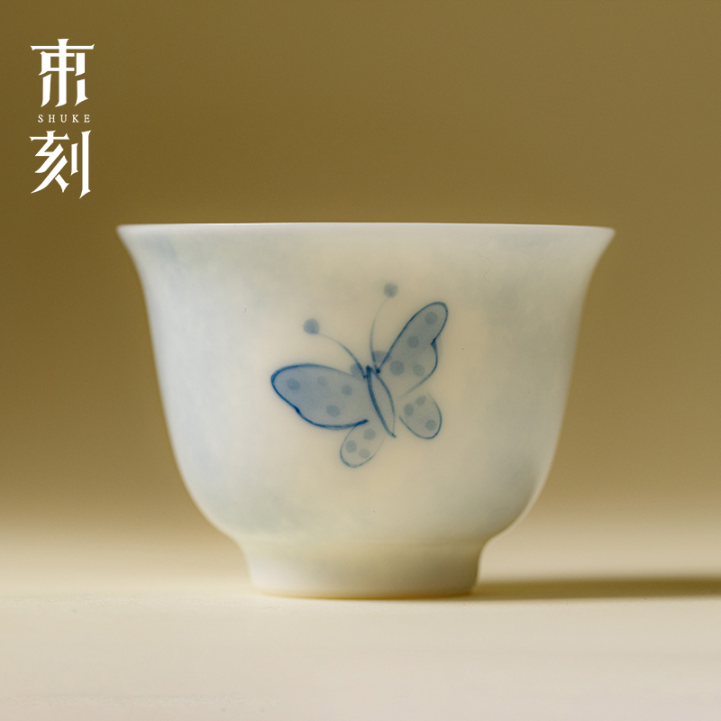 束刻 白瓷手绘蝴蝶茶杯高颜值陶瓷圆口杯个人专用品茗杯喝茶单杯