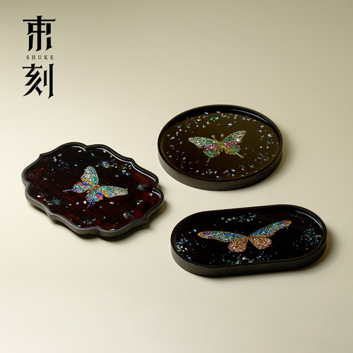 束刻胡桃木彷螺钿蝴蝶干泡壶承精致一人用大号茶承盘壶托 托茶托