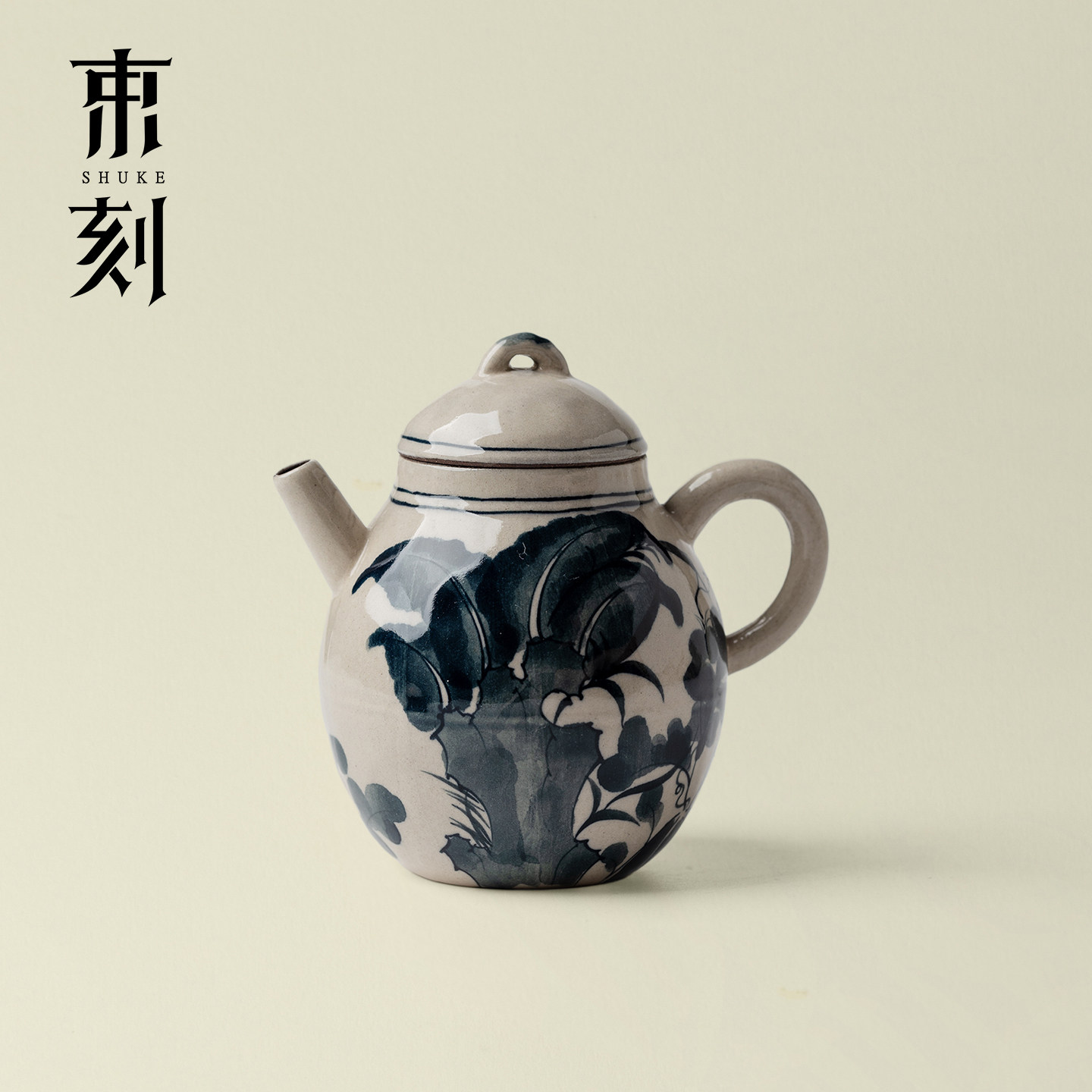 束刻 青花手绘芭蕉叶小茶壶禅意高档文人茶器景德镇手工粗陶单壶