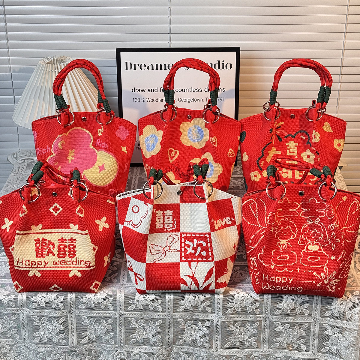 新款红色针织手提包礼品袋婚礼喜庆喜糖袋时尚百搭伴娘包伴手礼袋