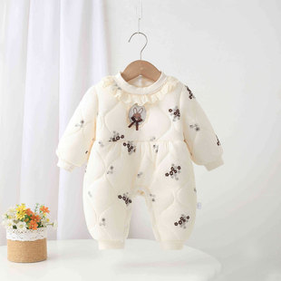婴儿衣服女宝哈衣秋冬薄棉洋气百天公主哈衣小月龄宝宝夹棉连体衣