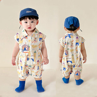 小月龄多巴胺穿搭无袖哈衣夏天薄款婴儿衣服男宝夏季痞帅风连体衣