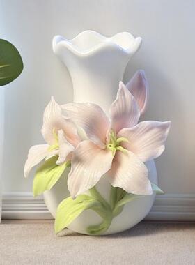 创意手工捏花百合花陶瓷花瓶摆件客厅插花装饰品家居桌面摆件