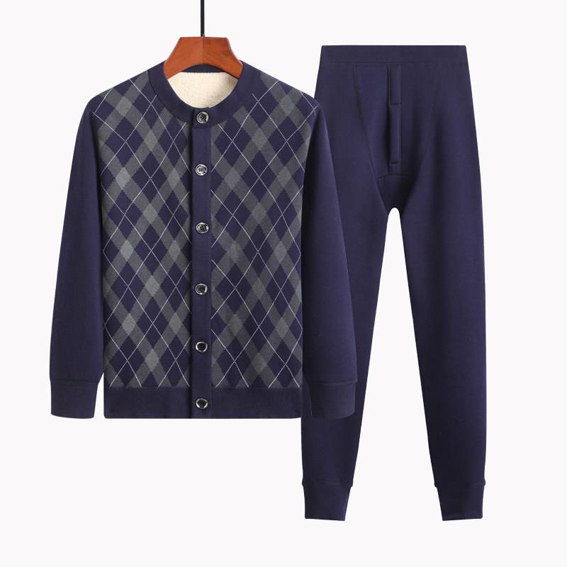 男士开衫发热衣裤加厚加绒老人棉衣服裤外穿爸爸爷爷防寒冬季