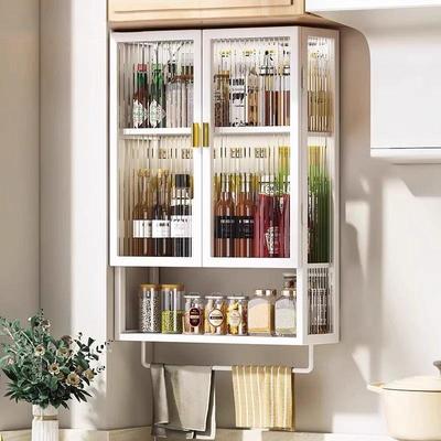 厨房置物架多层带柜门免打孔防尘调味料壁挂式储物柜墙上收纳架子