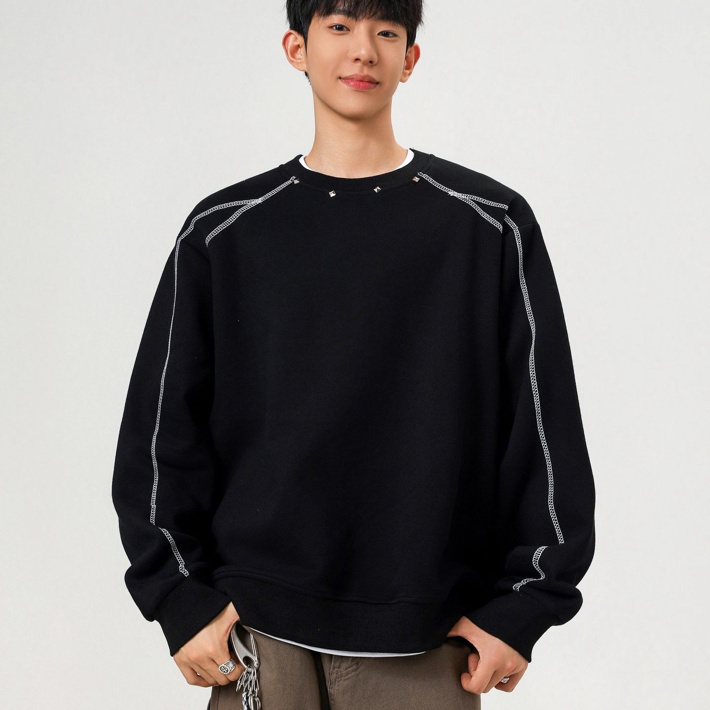 2025秋冬季美式大码拼接卫衣宽松大码重磅圆领无帽潮牌打底BB