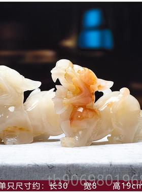 高档天然青玉石貔摆貅件公母办一对客厅玄关乔酒柜公司公室开业迁