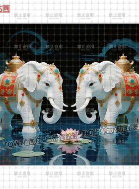 吉祥白色大象自粘海报贴纸吉祥如意墙贴画简约古风中式室内贴墙画