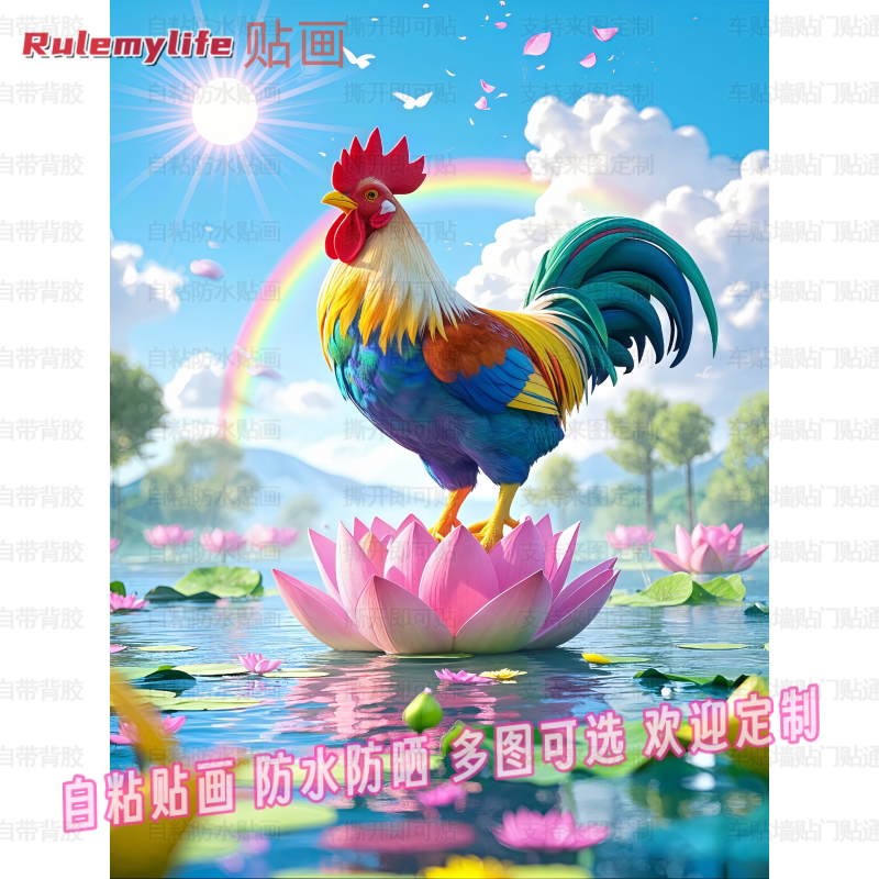 凶猛大公鸡图案海报自粘贴画防水