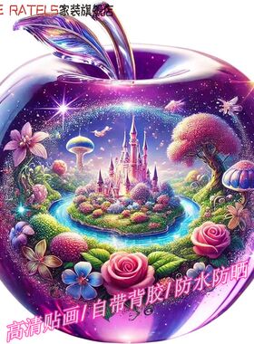 紫色苹果花园城堡贴画墙贴手工自粘贴纸冰箱贴饰北欧风风景装饰画