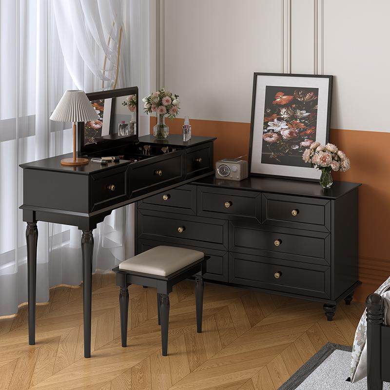 美式实木复古主卧床尾斗柜妆台一体中古风卧室黑色翻盖梳妆台镜子