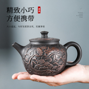 宜兴紫砂壶手绘仿古浮雕荷花壶大容量家用泡茶壶功夫茶具茶杯