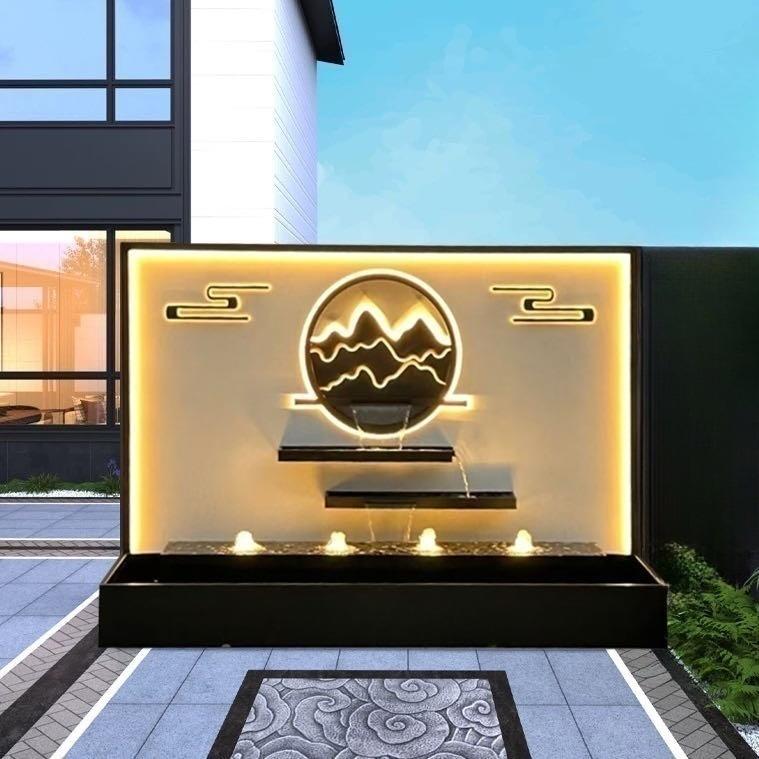 新中式不锈钢流水墙庭院别墅小区园林入户迎门水幕影壁背景墙