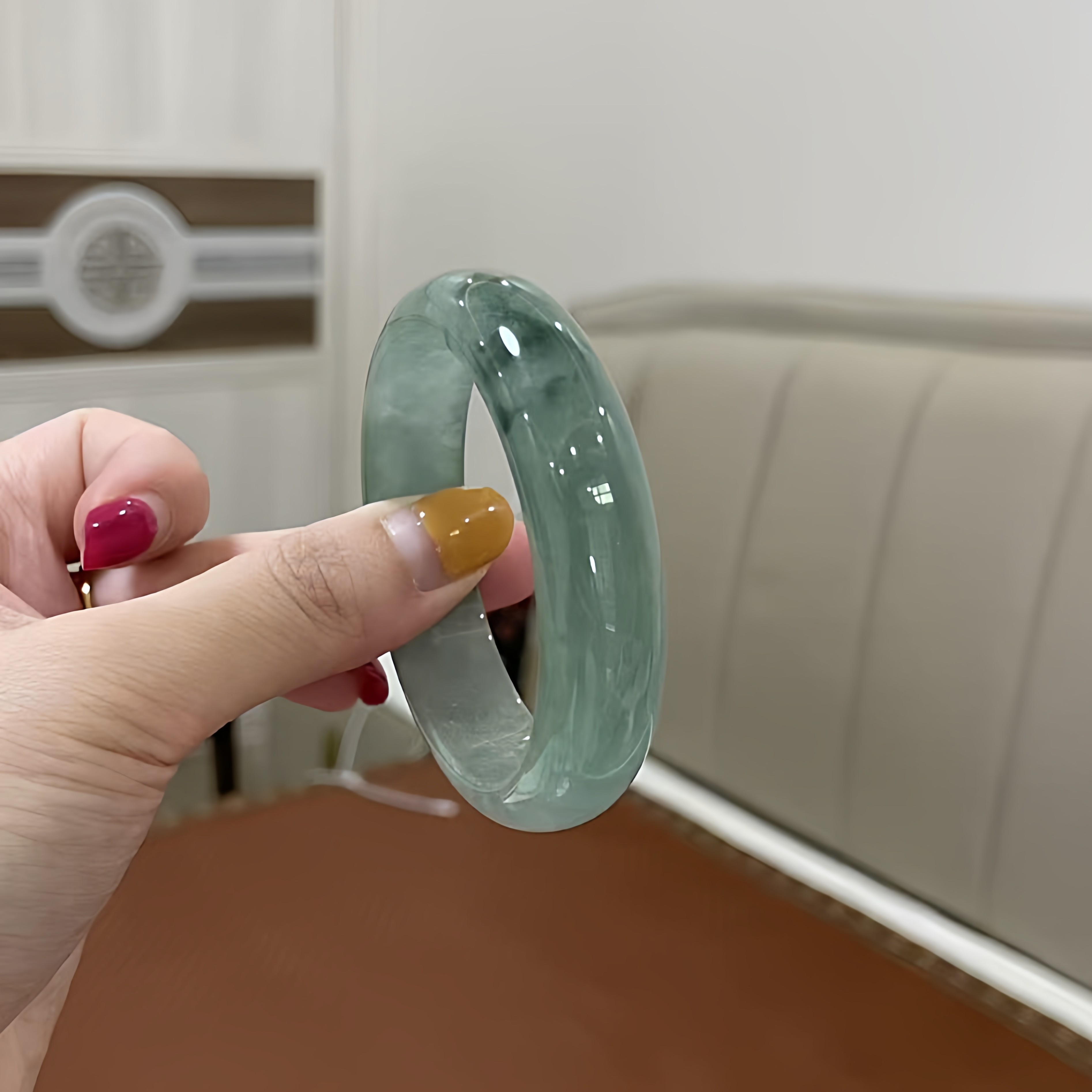 玉长情【丹青系列】冰透飘花缅甸翡翠玉手镯女款贵妃油青玉石处理