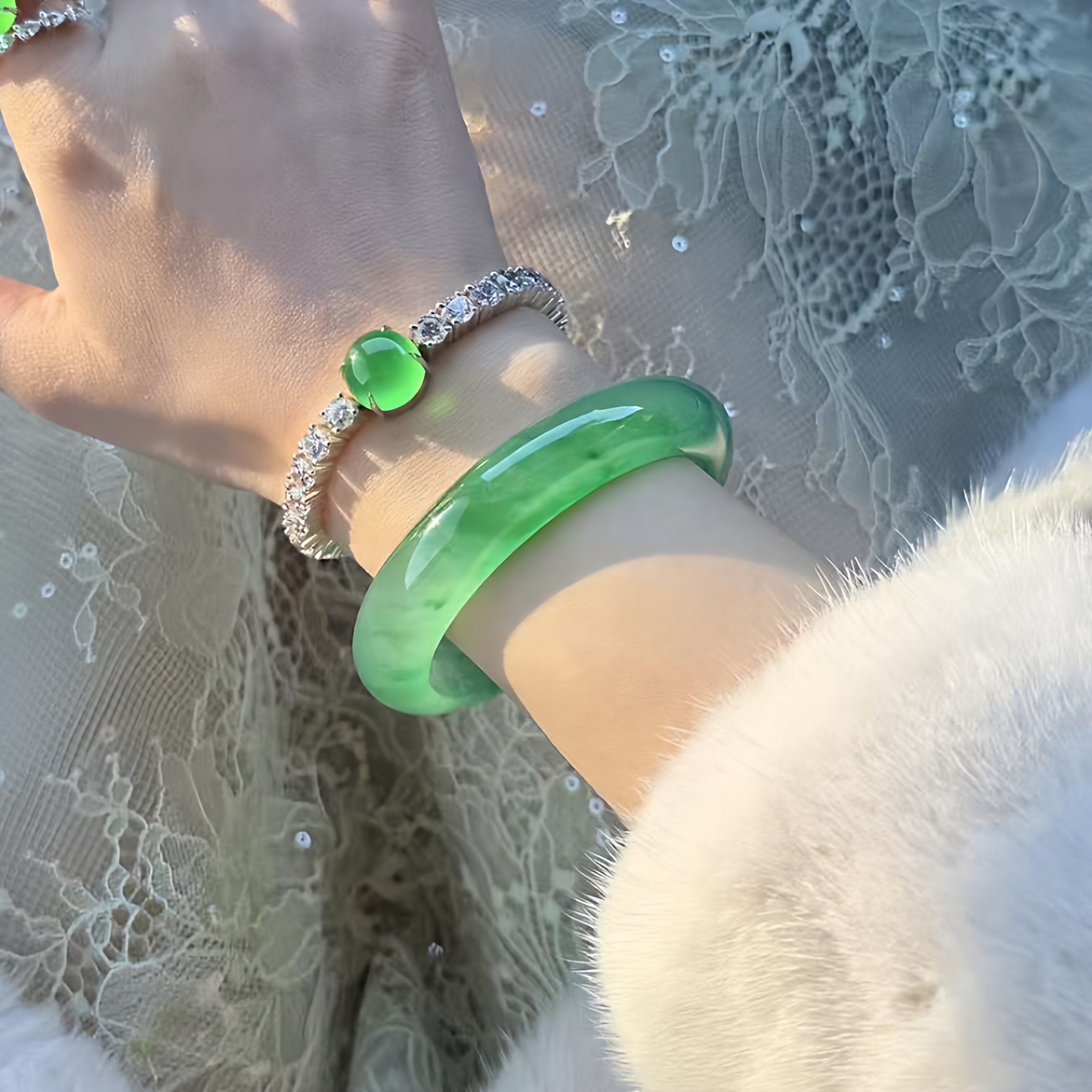 玉长情【百花系列】缅甸老坑高冰种翡翠手镯女款玉石正圈镯子处理