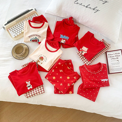 中大童大红色家居服套装儿童新年本命年睡衣新疆长绒棉秋衣秋裤