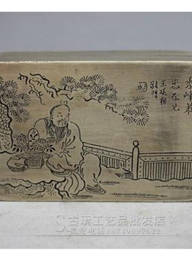 做旧古玩铜制雕刻白铜长方形上合盖墨盒图案随机