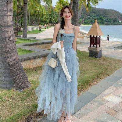 蓝色网纱拼接吊带连衣裙女夏2025新款无袖背心裙不规则披肩套装裙
